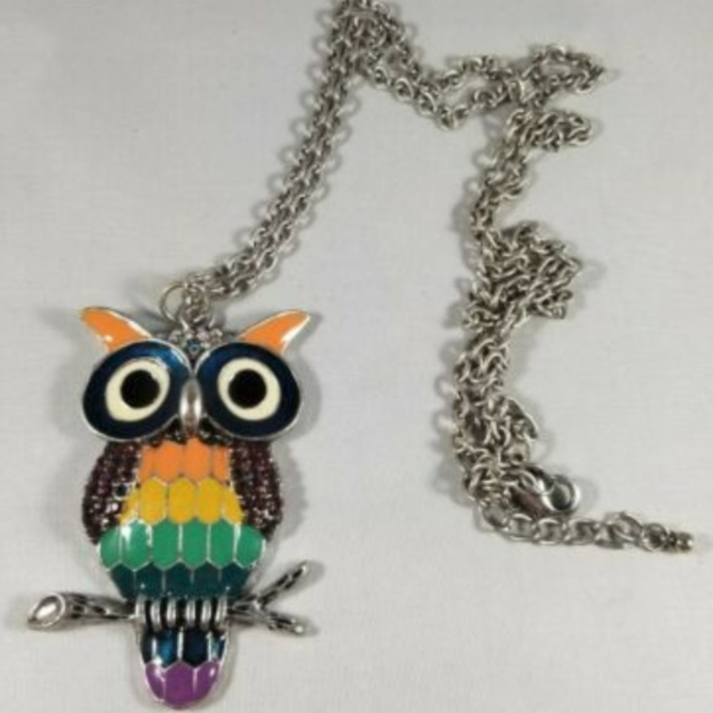 Owl Multi Color Rhinestone Metal Enamel Necklace